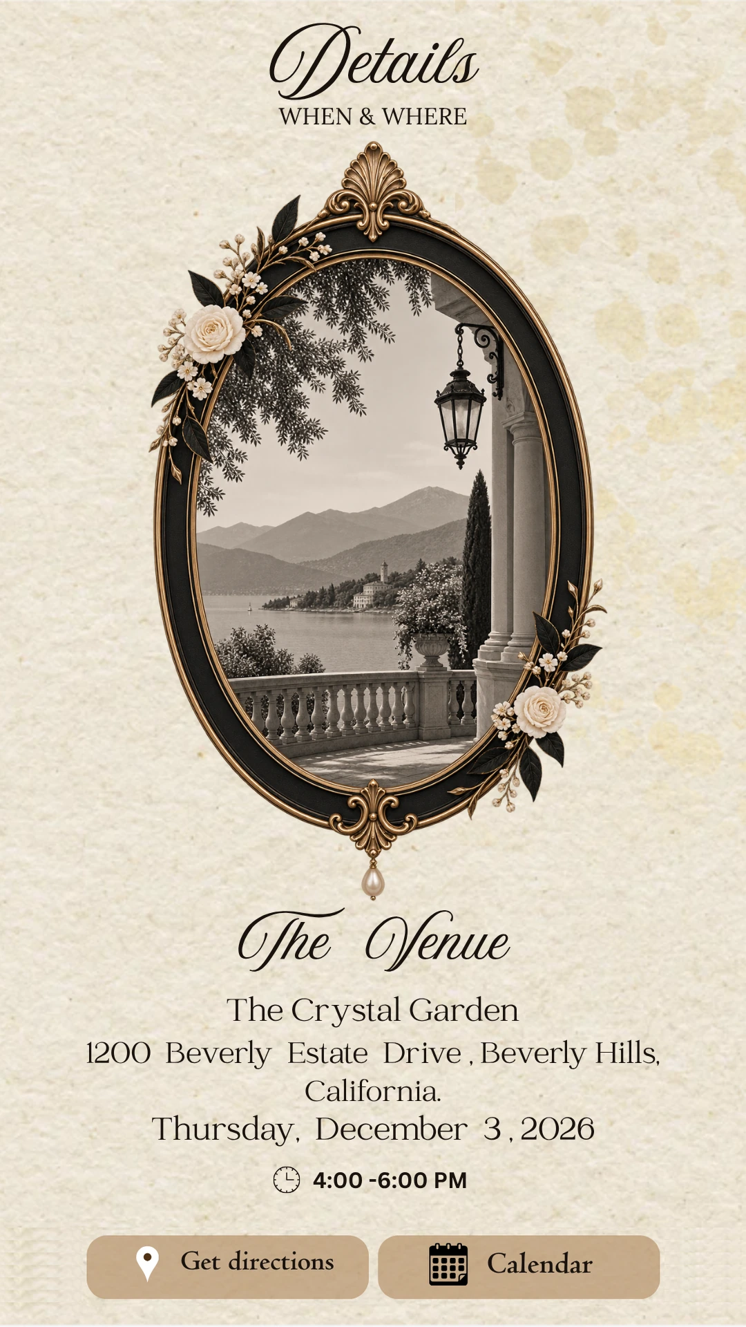 Details - The Venue, The Crystal Garden, 1200 Beverly Estate Drive, Beverly Hills, California. Thursday, December 3, 2026, 4:00-6:00 PM.